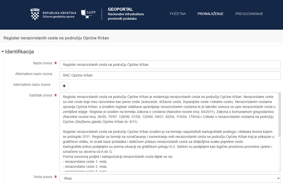 Isječak uređivača metapodataka na Geoportalu NIPP-a za Registar nerazvrstanih cesta